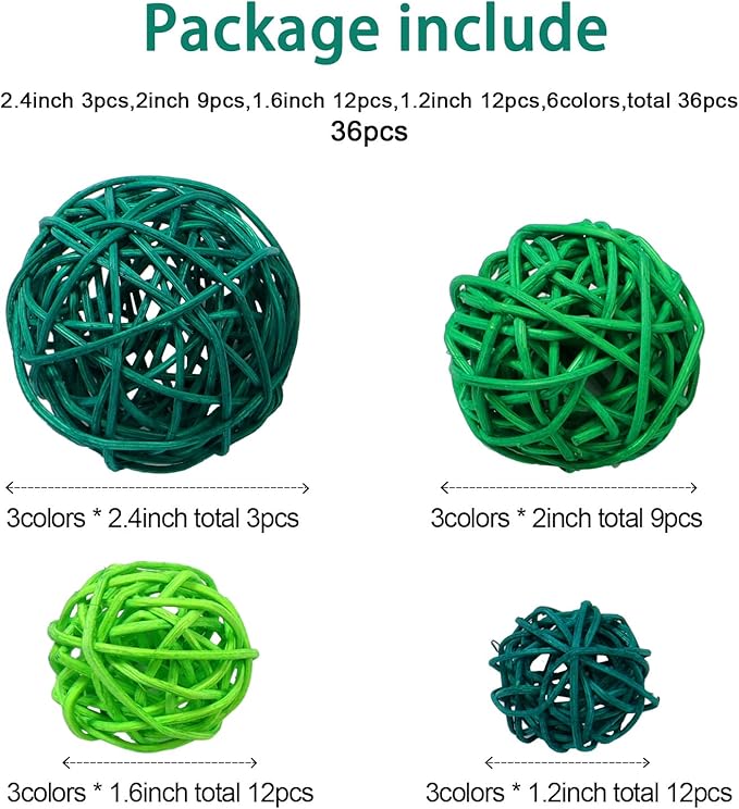 Patelai 36 Pcs Wicker Rattan Balls Decorative Balls for Vase Centerpiece Bowls Orbs Filler for Home Decor,4 Sizes (Dark Green, Grass Green, Fluorescent Green,2.4'',2'',1.6'',1.2'')