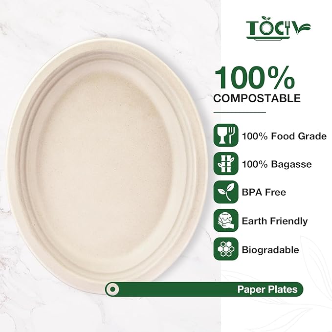 100% Compostable Paper Plates Oval 12.5in 125 Count Disposable Biodegradable Heavy Duty Large Sturdy Dinner Plates Bulk for Appetizer Dessert Cake Birthday Holiday Party Supplies