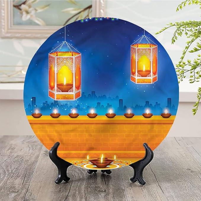 Decorative Plates, Diwali Print Ornament, Diwali Night Candles, 7 Inch, 1 Plate with 1 Display Stand, Multicolor