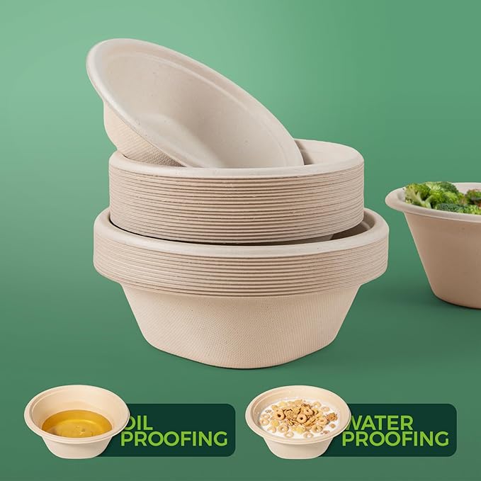 [50 Pack] 24 OZ Heavy Duty Disposable Paper Bowls - Made from Natural Bagasse - Eco-friendly Bowls for Hot Soup, Salad, Dessert