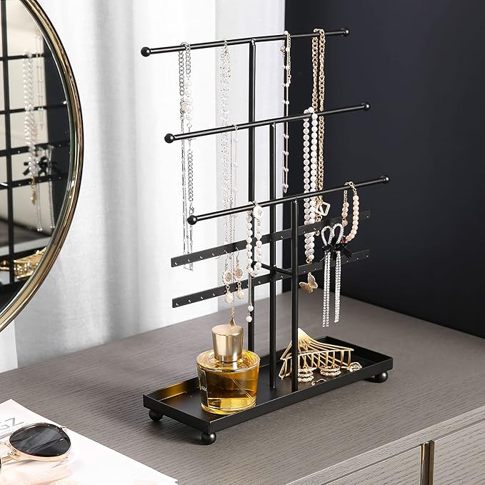 MyGift Modern 3-Tier Metal Jewelry Organizer Stand - Matte Black Jewelry Storage Display with Ring Tray, 18 Earring Hooks & 5 T-Bars for Necklaces, Bracelets, Earrings - Home/Boutique Use