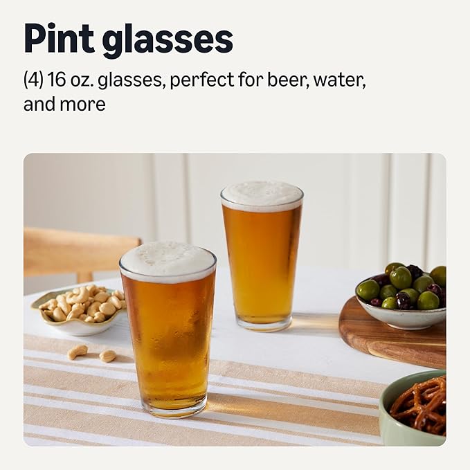 Amazon Basics Pint Glasses, 4-Piece Set, 16 oz., Dishwasher-Safe