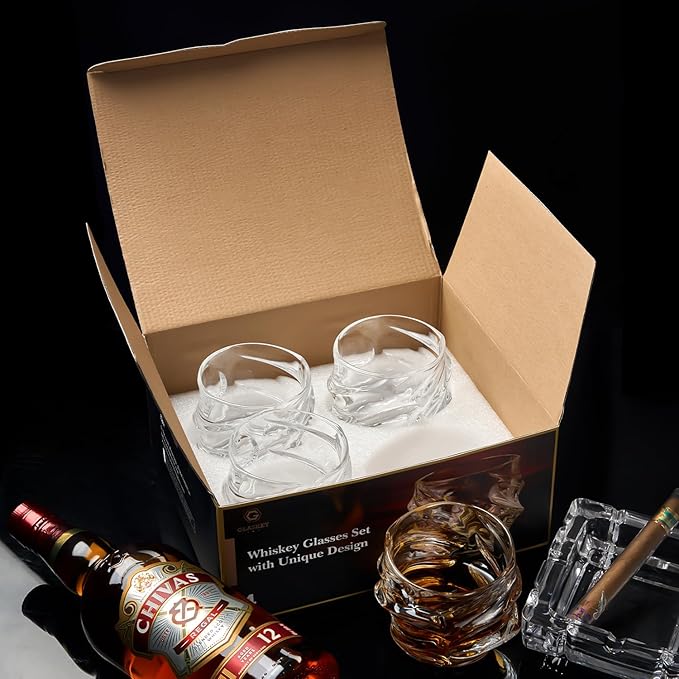 GLASKEY 12 oz Hand Blown Crystal Whiskey Glasses Set of 4, Unique Cognac Glass, Heavy Thick Bottom Bar Glass for Scotch Bourbon Rum Gin Water Cocktail,Gifts Men Gifts Ideas