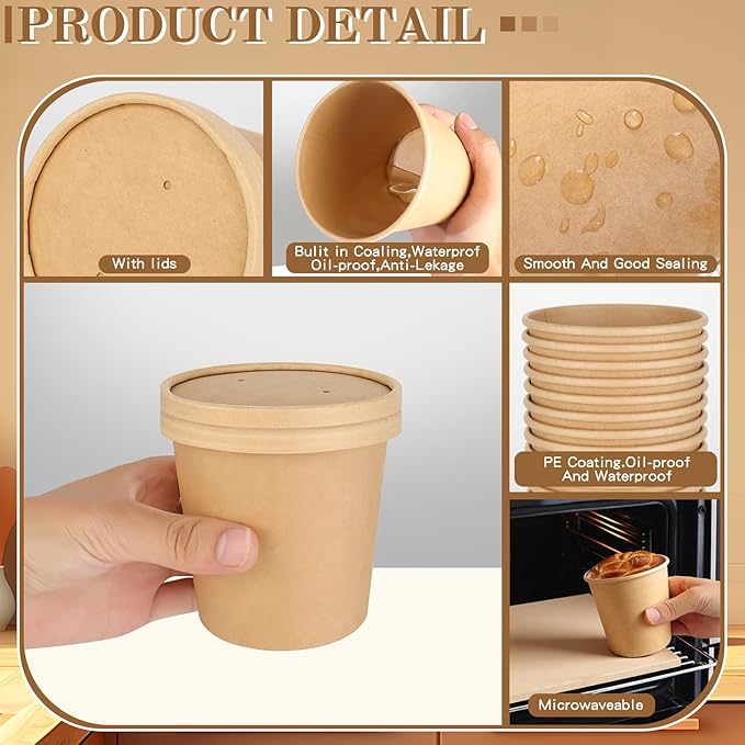 100Pack 12oz Paper Soup Container Cup with Vented Lids, Disposable Paper Food Container Kraft Dessert Bowl Soup Bowls, Microwavable and Freezer Safe for Hot Soup, Ice Cream (100 Pcs - Kraft, 12 oz)