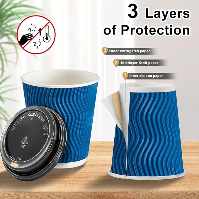 100 Pack Coffee Cups with Lids 8 oz, Disposable Insulated Ripple Wall To Go Paper Coffee Cups for Hot/Cold Drinks Office Home Shop Event (Navy)