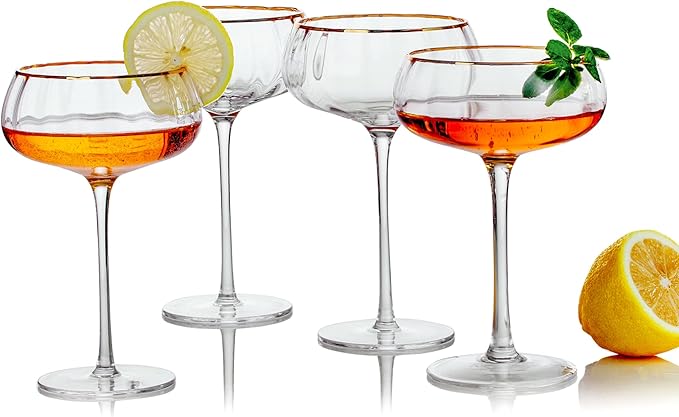 Lysenn Vintage Coupe Glasses Set of 4 - Hand Blown Gold Rim Martini Glasses - for Your Next Cocktail & Champagne Party - 9fl oz