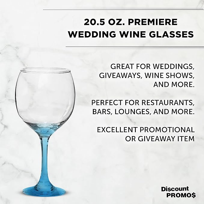 DISCOUNT PROMOS Premiere Wedding Wine Glasses 20.5 oz. Set of 12, Bulk Pack - Restaurant Glassware, Perfect for Red Wine or White Wine - Blue