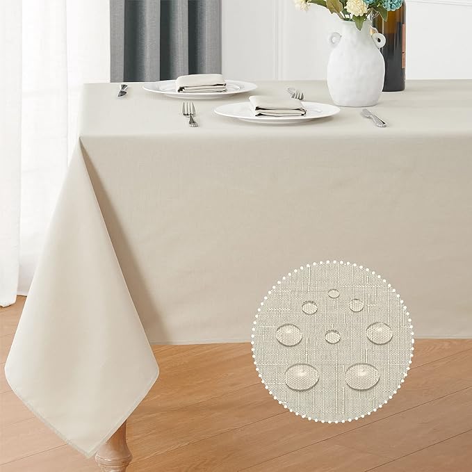 2 Pack Rectangle Tablecloth, 60x120 inch, Water Resistant Wrinkle Free Linen Textured Table Cloth Washable, Decorative Fabric Table Cover for Dining, Party and Camping, Beige