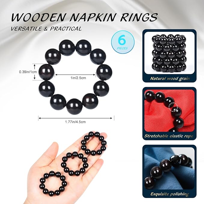 Napkin Rings Set of 6，Farmhouse Stretchable Wooden Bead Reusable Cloth Napkin Holders for Wedding, Christmas, Graduation & Dinner Parties Black Napkin Ring (6)
