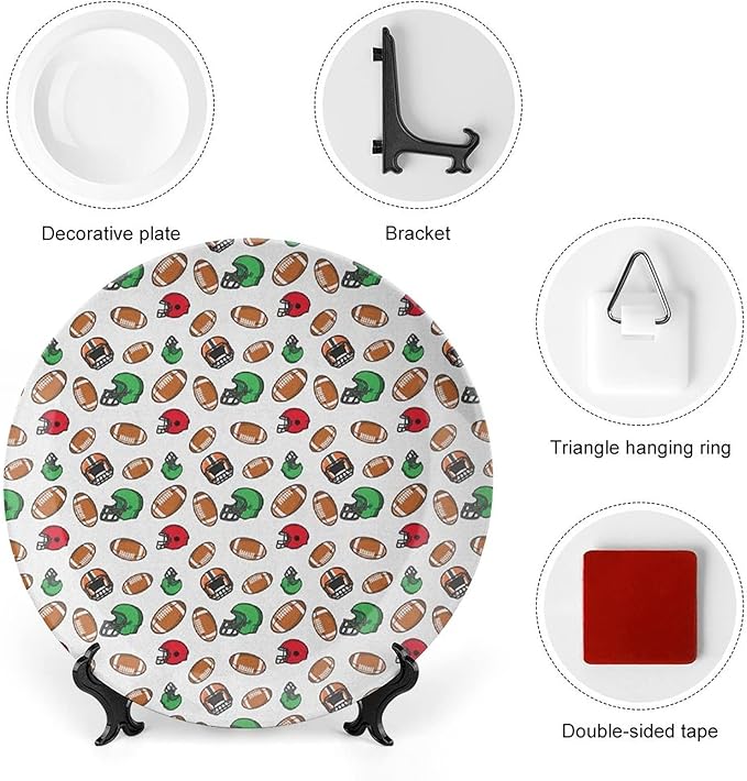 Ceramic Plates, American Football Decorative Ceramic Plates, Cartoon Style Rugby Icons Balls American, 8 Inch, for Dining, Parties, Wedding, Multicolor