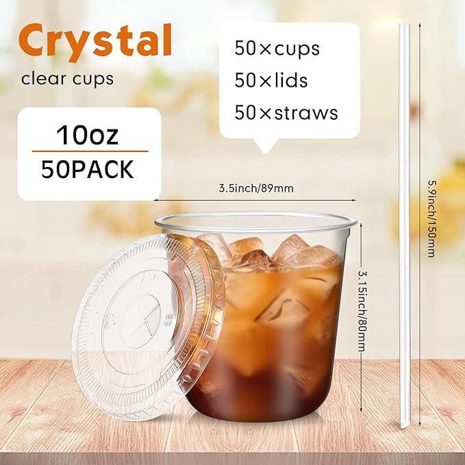 50 Sets Clear Plastic Cups with Lids and Straws, Disposable Iced Coffee Cups Drinking PET for Cold Drinks, Juice, Smoothie, Coffee Shops, Party, Christmas (Clear,10 oz)