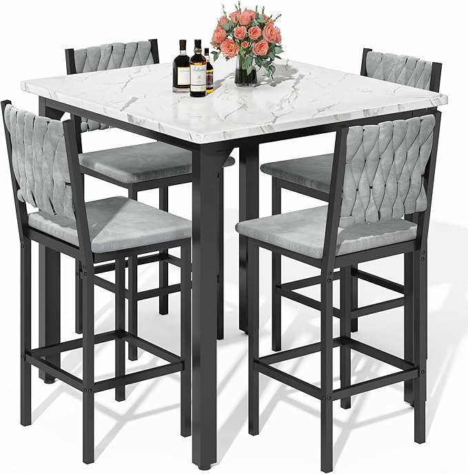 AWQM 5-Piece Dining Table Set, Dining Table Set for 4, Counter Height Table & 4 Velvet Bar Stools, Modern Kitchen Dining Set, Compact Dining Set for Small Spaces (Marble Texture & Velvet Chairs)
