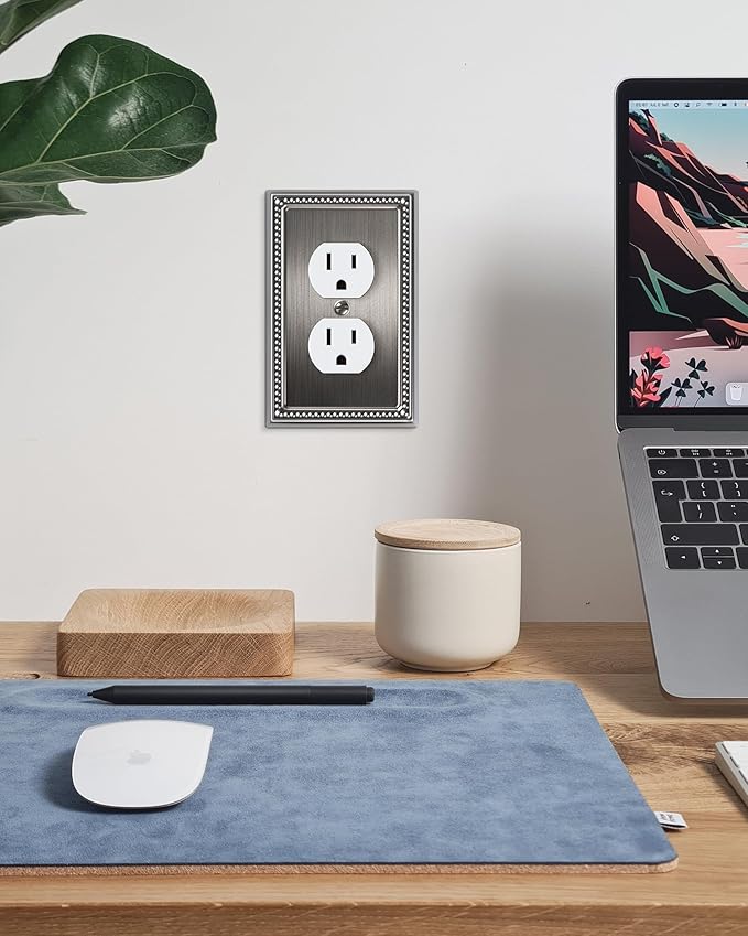 4-Pack Duplex Outlet Cover, Silver Metal Wall Plates for Electrical Outlets, 1 Gang Receptacle Light Switch Cover, Pearls Beaded Decorative Switch Plates and Outlet Covers