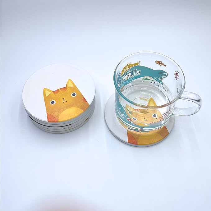 Coasters Set of 6 Round Ceramic Stone Absorbent Cute Cat Drinks Coasters for Cups and Mugs, Coffee Table, Office Desk, Outdoor Patio Table, Tabletop Surface Protection