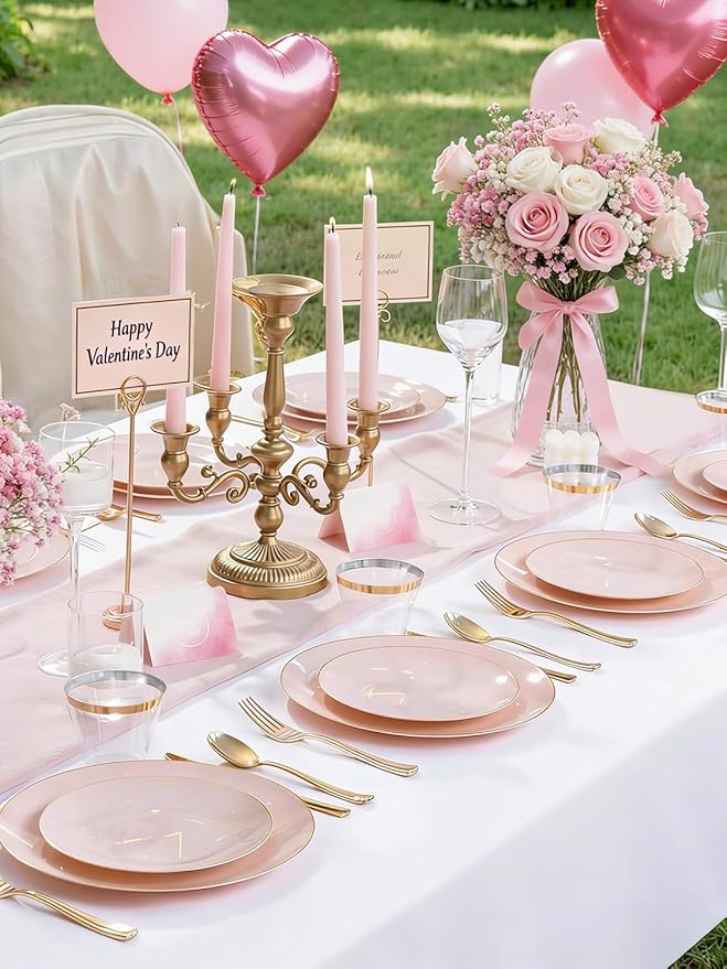 WDF 300Pcs Pink Plates Disposable - Pink and Gold Plastic Dinnerware Set for 50 Guests Include 50 Dinner & Cake Plates, 50 Disposable Cutlery, 50 9oz Cups for Wedding, Party, Valentine's Day