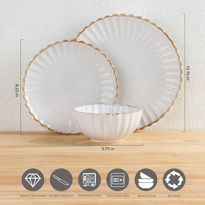 GBHOME Stoneware Dinnerware Sets for 4,Handcrafted Embossed Design Reactive Glaze Ceramic Plates and Bowls, Dishwasher and Microwave Safe, Service for 4(12pcs),Pearl White