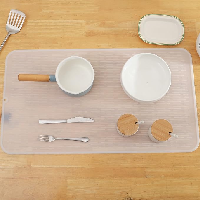 Silicone Dish Drying Mat for Multiple Usage,Easy clean,Eco-friendly,Heat-resistant Silicone Mat for Kitchen Counter or Sink,Refrigerator or Drawer Liner Translucent 4XL 32 inches x 18 inches