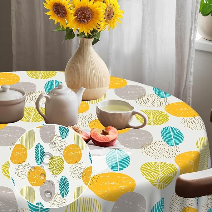Laeacco 60 Inch Geometric Round Tablecloth Colorful Abstract Oval Leaf Pattern Modern Art Print Table Cloth Washable Waterproof Wrinkle Free Table Cover for Kitchen Dining Picnic Party Decoration