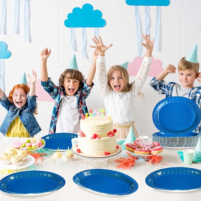 Grencian 50 PCS Blue Oval Paper Plates Blue Plate Large 10" X 12" Disposable 400GSM Paper Tableware Dinnerware for Birthday Winter Holiday Wedding Baby Shower Christmas Party Decorations