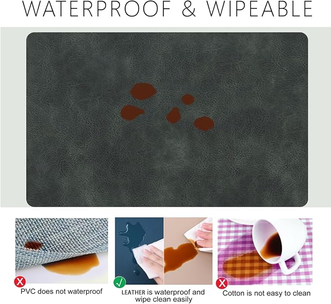 Faux Leather Soft Placemats with Rounded Corners for Kitchen Set of 6,Wipeable Reusable Place Mats,Waterproof&Stain Resistant Table Mats,Washable Heat-Resistant Non-Slip(Black-Grey)