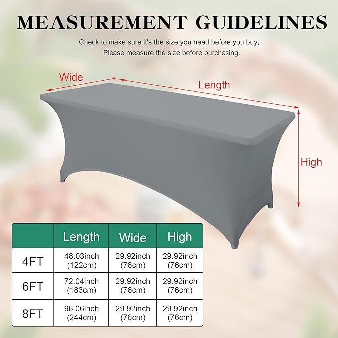 6Pack 8FT Table Cloth for Rectangular Fitted Events Stretch Grey Table Covers Washable Spandex Tablecloth Protector for Party, Wedding, Cocktail, Banquet, Festival