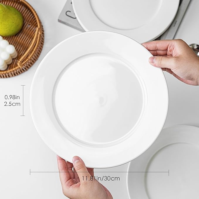White Ceramic Dinner Plates Set of 4, 12 Inch Large Porcelain Dinner Plates for Salad, Pasta, and Steak – Microwave and Dishwasher Safe Dinnerware