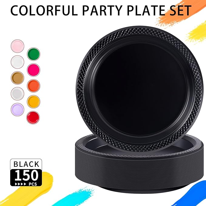 WELLIFE Black Plastic Plates 9 Inch -150 Count for Party, Plastic Disposable Dinner Plates for Halloween Picnic BBQ