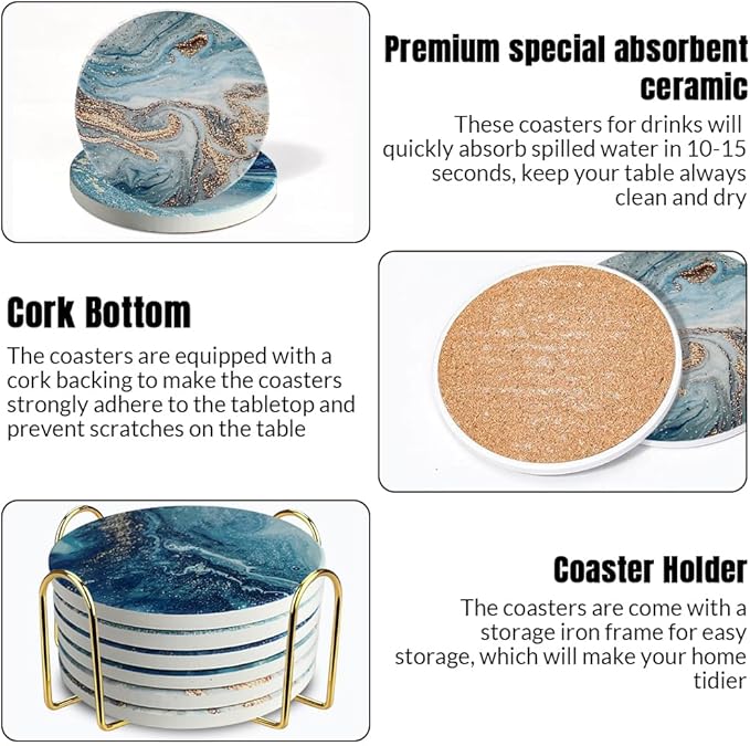 Ceramic Coasters Set of 6, Marble-Textured Design with Holder - Absorbent Cork-Backed Coasters for Cups, Bar & Coffee Table Decor Accessories (Blue Ocean, 6 Pack)