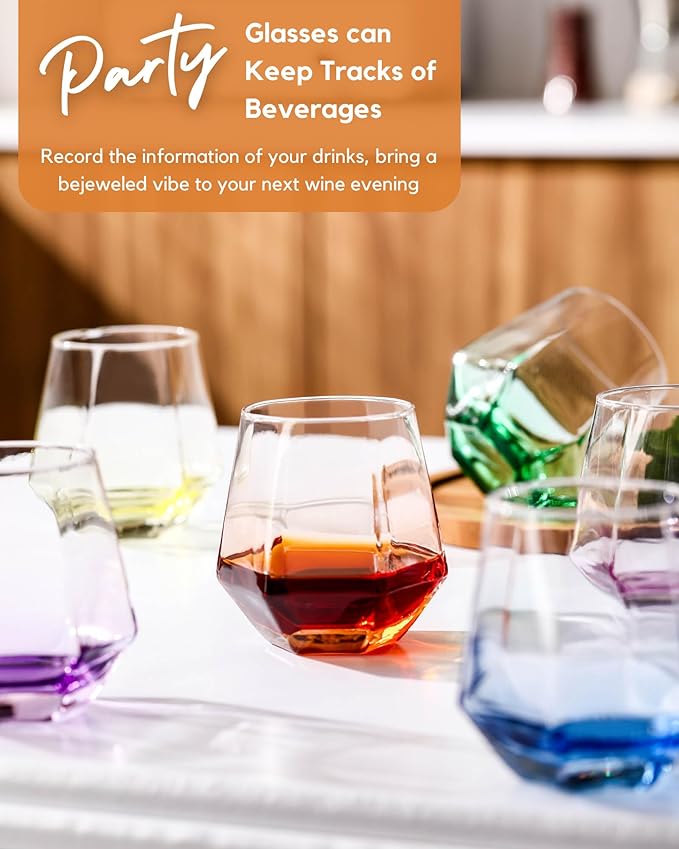 ColoVie Stemless Wine Glasses Set of 6, Cocktail Glasses, Diamond Shaped Wine Glasses for White or Red Wine, Unique Colorful Drinking Glasses,10 oz Easy Hold, Cute, Dishwasher Safe