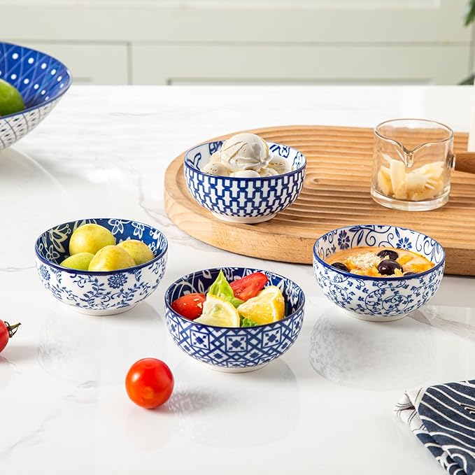 Ceramic Dipping Bowls Set - Mini 4 Oz Dessert Bowls - Small 3.5 Inch Porcelain Bowls for Side Dishes, Snack, Yogurt, Appetizer - Microwave Dishwasher Safe - Set of 6 - Vintage Blue