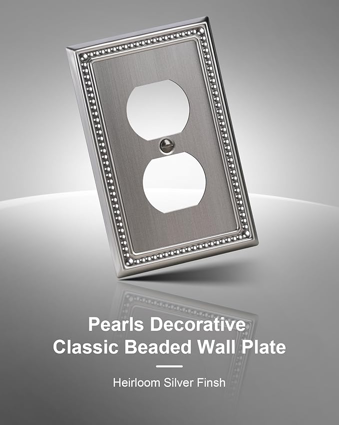 6-Pack Duplex Outlet Cover, Antique Silver Metal Wall Plates for Electrical Outlets, 1 Gang Receptacle Light Switch Cover, Pearls Beaded Decorative Switch Plates and Outlet Covers