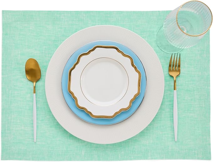 Solino Home Linen Cloth Placemats Set of 4-100% Pure Linen Chambray Aqua Placemats 14 x 19 Inch for Winter, Spring, Easter - Athena
