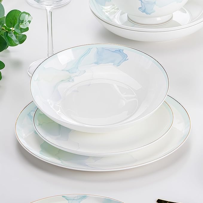 60 Pcs Fine Bone China Dinnerware Set, Porcelain&Ceramic Dinnerware Sets,Bone Stoneware&Ceramic Cookware Tableware Set Includes Dinner Plates|Spoons|Pasta Bowls|Soup Pot|Chopsticks