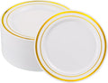 50 PCS Gold and White Plastic Plates for 50 Guests,10.25inch Gold Rimmed White Disposable Plastic Plates for Wedding,Party,Birthday,Smooth Edge & Heavy Duty Dinner Plate
