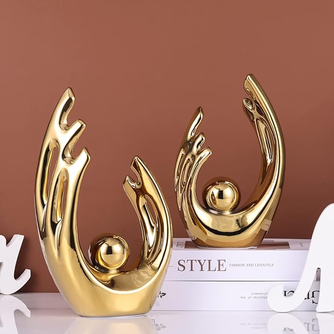 LCCCK 9.5" H Gold Aesthetic Room Decor Accent, TV Stand Funky Table Centerpiece, Abstract Art Ceramic Statue and Sculpture, Gold Decor for Living Room, Bookshelf Decorative Objects, Shelf