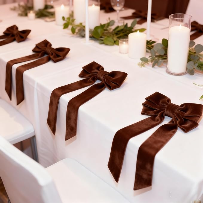 Bow Napkin Rings Set of 6 Luxury Soft Brown Velvet Napkin Holders, Elegant Bow Design for Christmas Holiday Dinner Wedding Party Table Decor