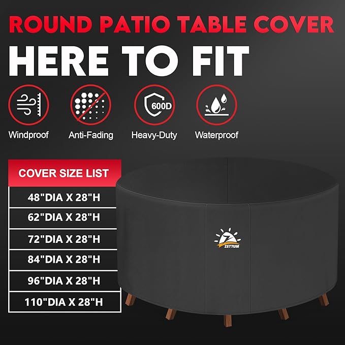 Zettum Round Patio Table Cover 62 Inch - 600D Outdoor Furniture Cover Round Waterproof & Heavy Duty, Lawn Furniture Set Covers for Outside Dining Table and Chairs Seating Combo - 62 x 62 x 28 Inch