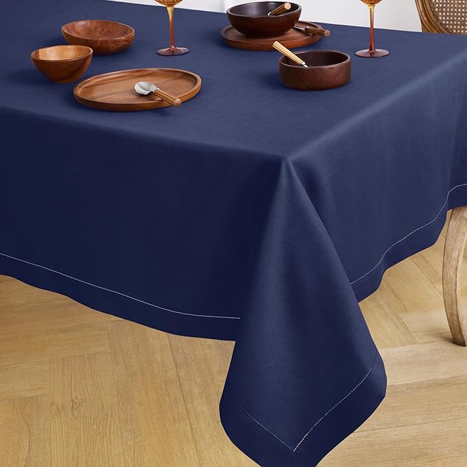 Solino Home Navy Blue Linen Tablecloth 60 x 120 Inch - 100% Pure Linen Hemstitch Table Cloth for Rectangle Tables - Classic Hemstitch, Machine Washable Tablecloth for Winter, Easter