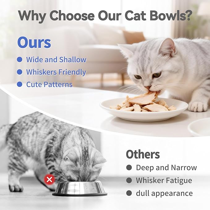 [8 Pack] Ceramic Cat Food Bowl, Cute Cat Bowls Whisker-Friendly, 5.9" Shallow Wide Kitten Plates, Easy to Clean Indoor Feeding Dishes