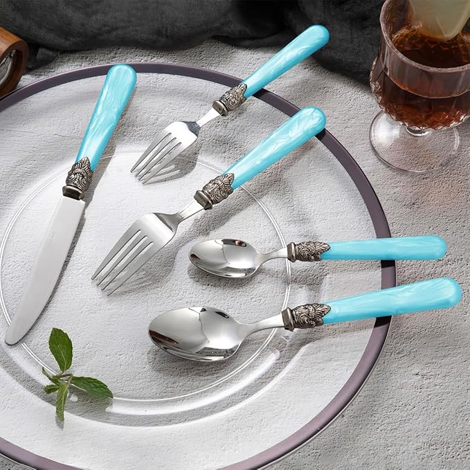 20 pieces 18/10 Stainless Steel Silverware Sets With Blue Handle,Vintage Cutlery Sets,Sliverware set Service for 4,Dishware Safe (20, Blue)