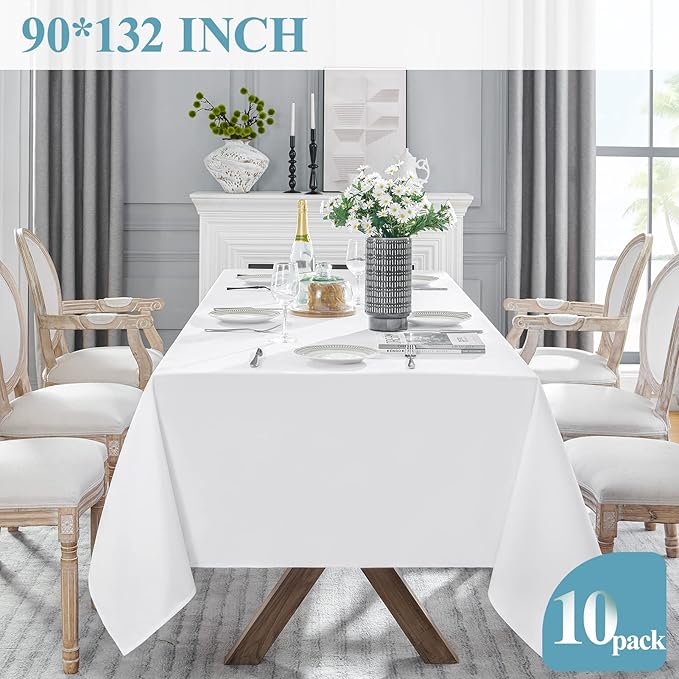 VidaFete Table Cloth 90 * 132inch 10 Pack Rectangle Tablecloth Polyester, Stain Wrinkle Resistant Polyester Dining Table Cover for Kitchen Dinning Party Wedding Rectangular Tabletop Decoration(White)