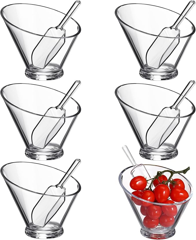 Sawysine 12 Pcs Acrylic Clear Serving Bowls with Plastic Kitchen Scoops Salad Serving Bowls Popcorn Scoops Angled Candy Bowl for Salad Cooking Parties(24 oz)