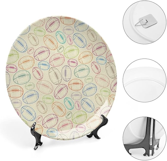 Decorative Plates, American Football Print Ornament, Grunge Looking Hand Drawn Sports Sketch, 6 Inch, Kitchen Wall Decor, Multicolor