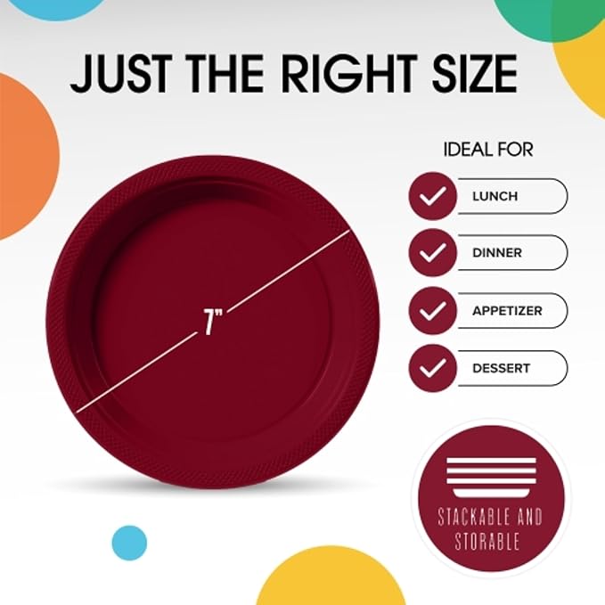 Burgundy Plastic Plates - 7 Inch, 100 Pack, 350 GSM