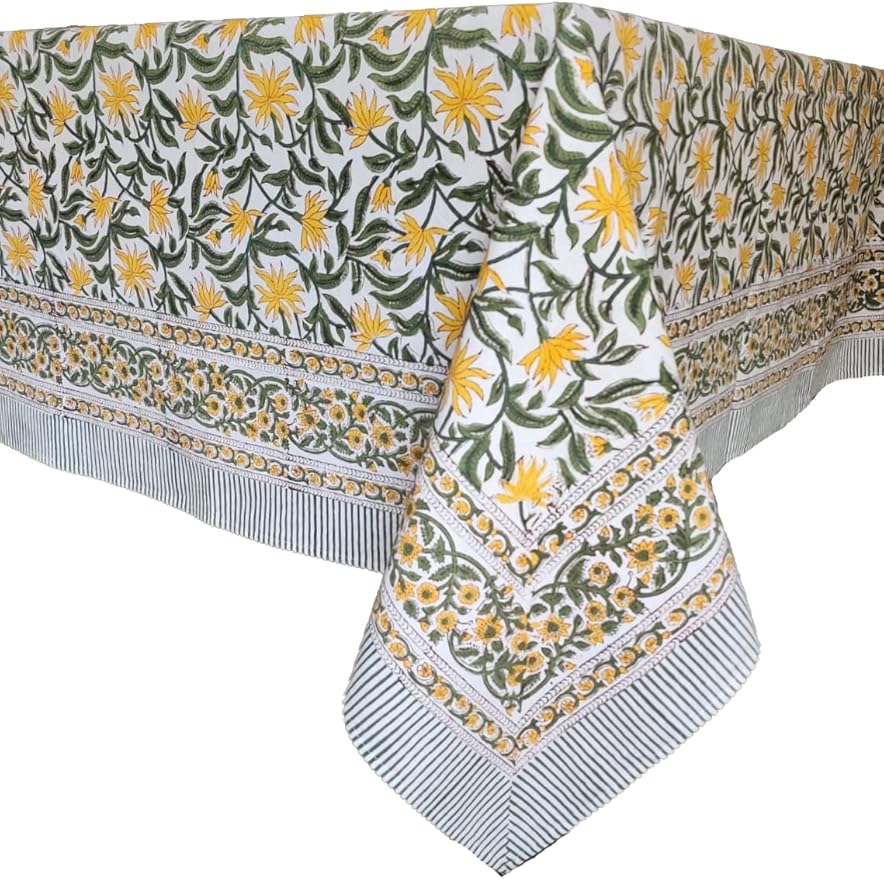 ATOSII Noor 100% Cotton Rectangle Spring Tablecloth, Handblock Floral Print Linen Table Cloth for Kitchen Dining I Parties, Outdoors, Weddings, Easter Holidays I 72 X 108 Inches I 8 Seater