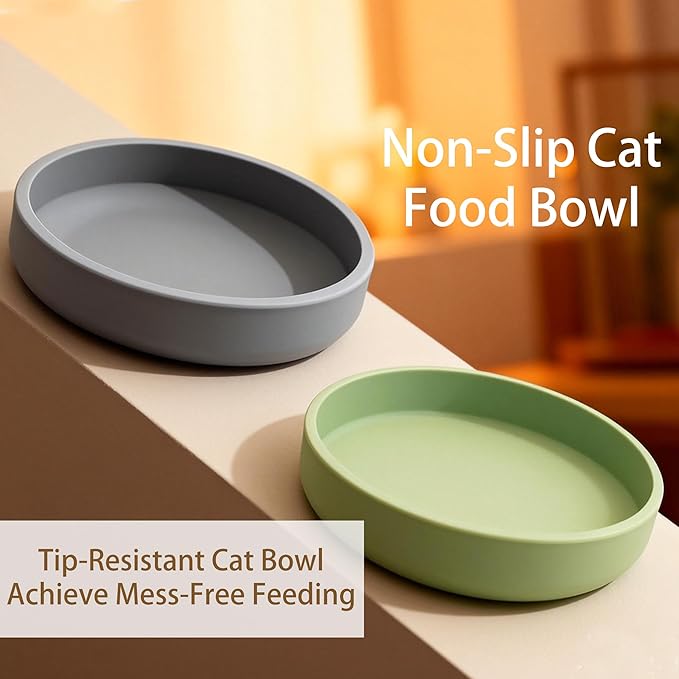 2 Pcs Silicone Cat Bowls Non-Slip Cat Dish for Dry & Wet Food Shallow Relief Whisker Fatigue Pet Bowl Set for Cats Small Dogs, Green with Grey