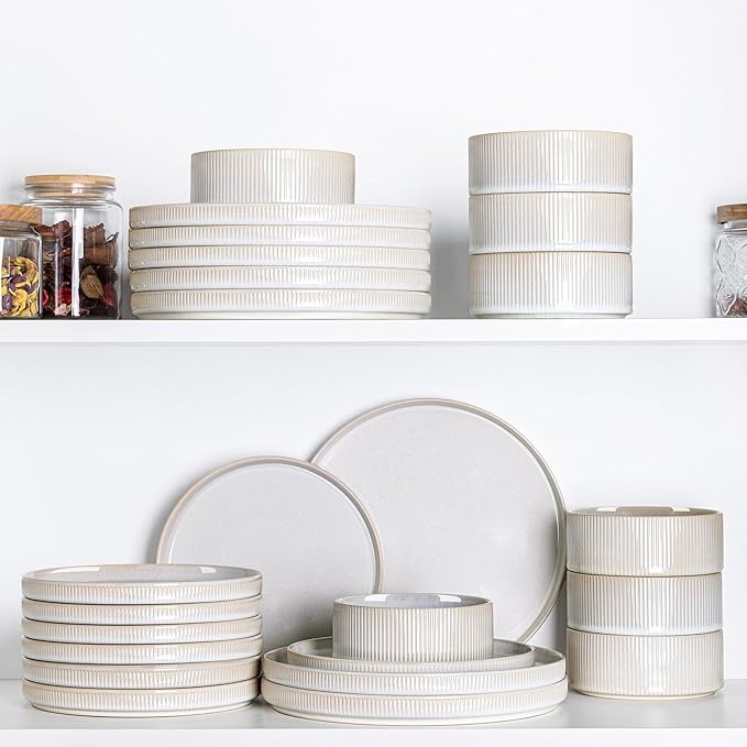 TheTerra Ceramic Dinnerware Sets for 8, 24 Pieces Porcelain Lightweight Plates and Bowls Sets, Scratch Resistant Dish Set, Oven & Microwave & Dishwasher Safe, Cappuccino White