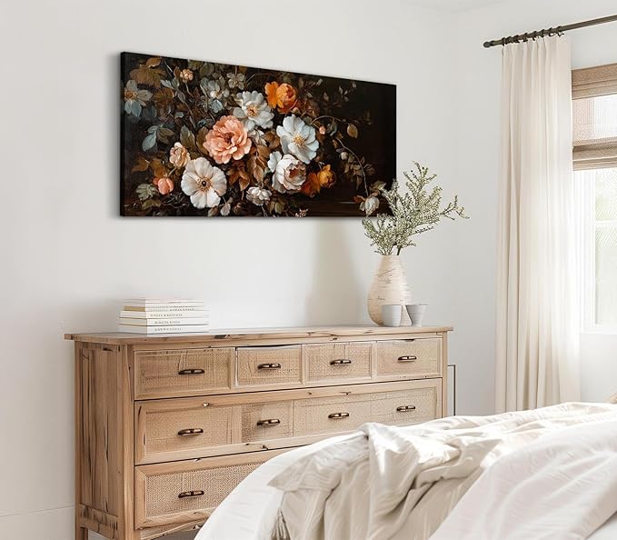 ADJUVANT Wall Art Vintage Floral Bouquet 40" L x 20" W, Old Fashioned Flowers Canvas Painting Romantic Artwork Classic Blooms Prints Botanic Wall Decor for Living Room Bedroom Dining Room Home Office