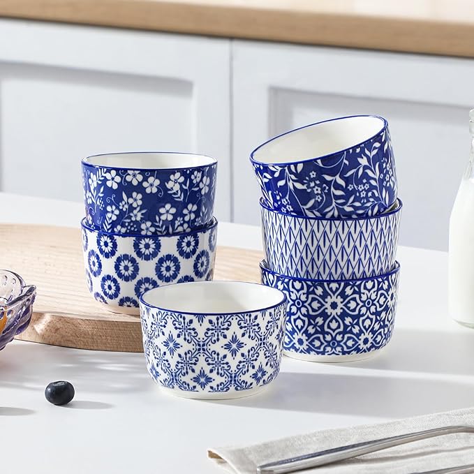vancasso Selene 6 oz Ceramic Ramekins Set of 6, Microwave & Dishwasher Safe Souffle Cups for Baking, Dip & Sauce, Desserts, Handcrafted Blue Floral Bowls