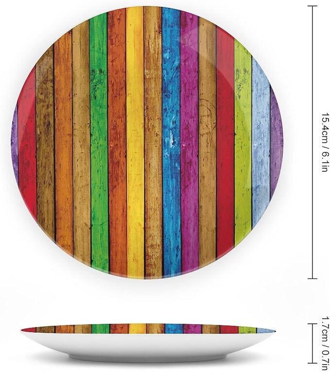 Ceramic Plates, Abstract Decorative Ceramic Plates, Vibrant Wooden Artistic Cheerful Art Rainbow Image, 8 Inch, for Dining, Parties, Wedding, Multicolor